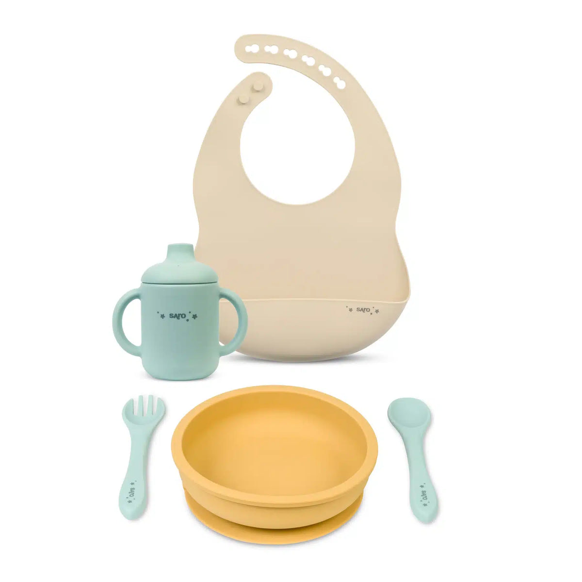 Saro conjunto de alimentação silicone "all in one" mustard+mint+sand