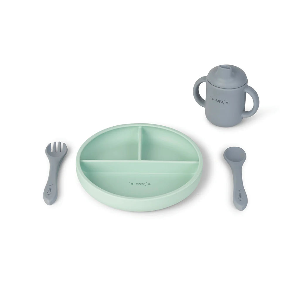 Saro conjunto de alimentação silicone "food & fun" blue mist + mint