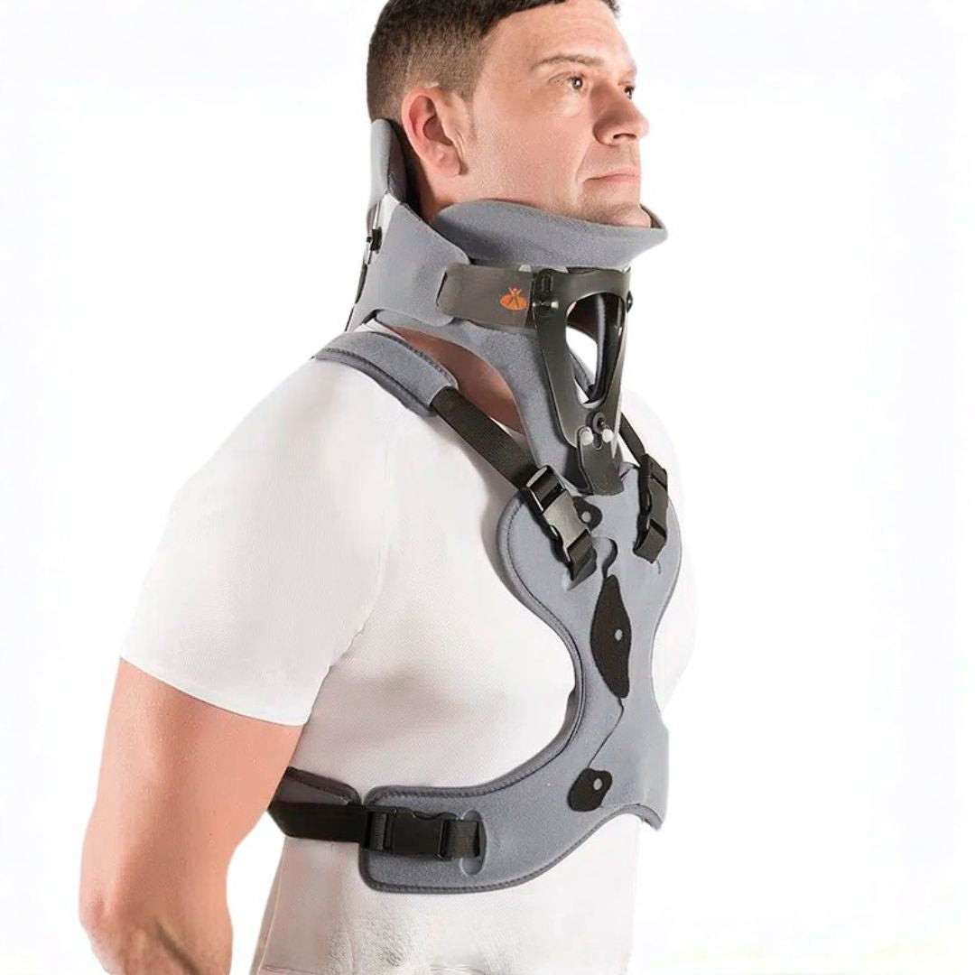 Colar cervical bivaldo com suporte torácico tipo minerva