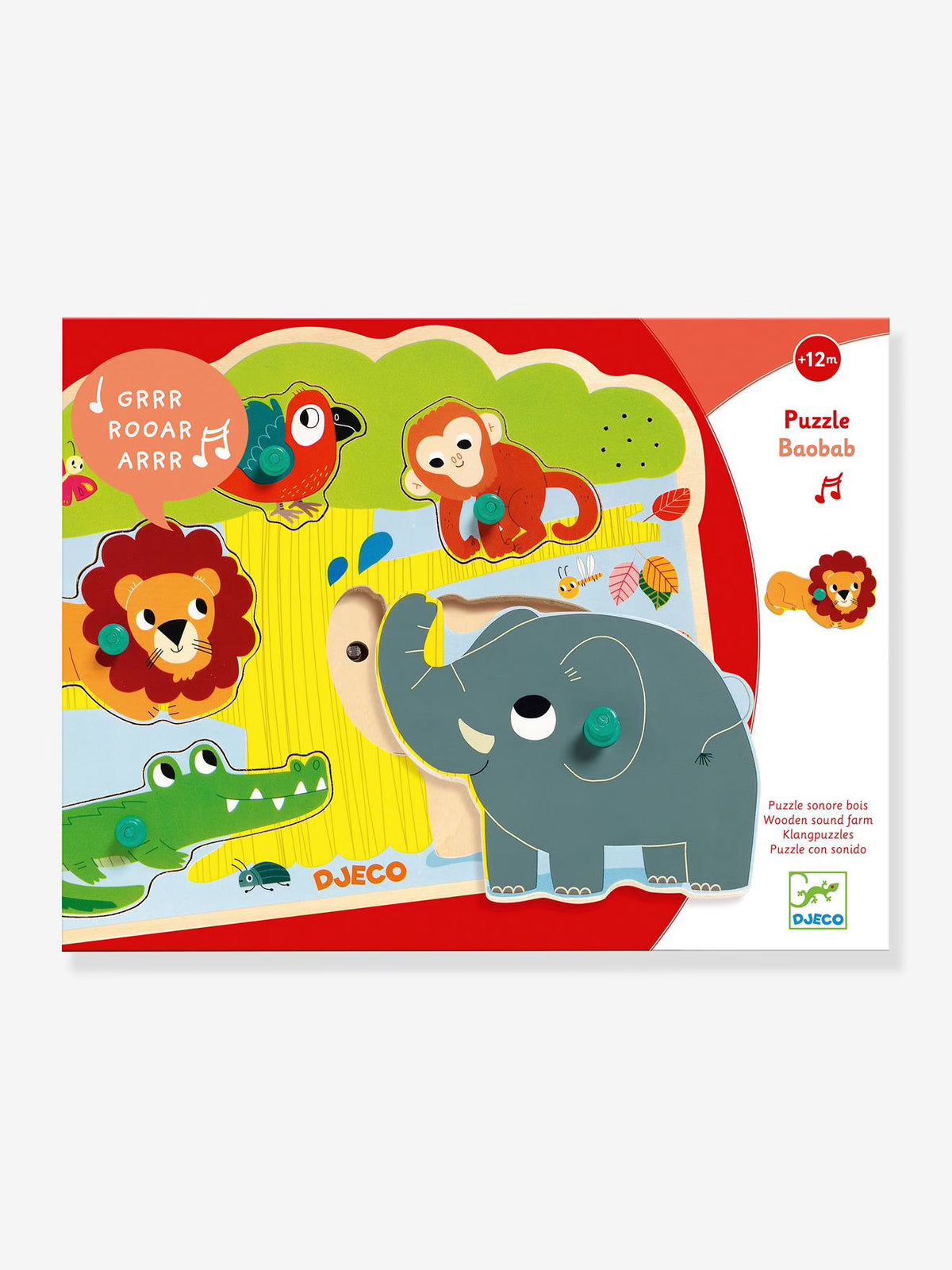 Djeco baobab - puzzle sonoro de madeira c/ animais + 12 meses