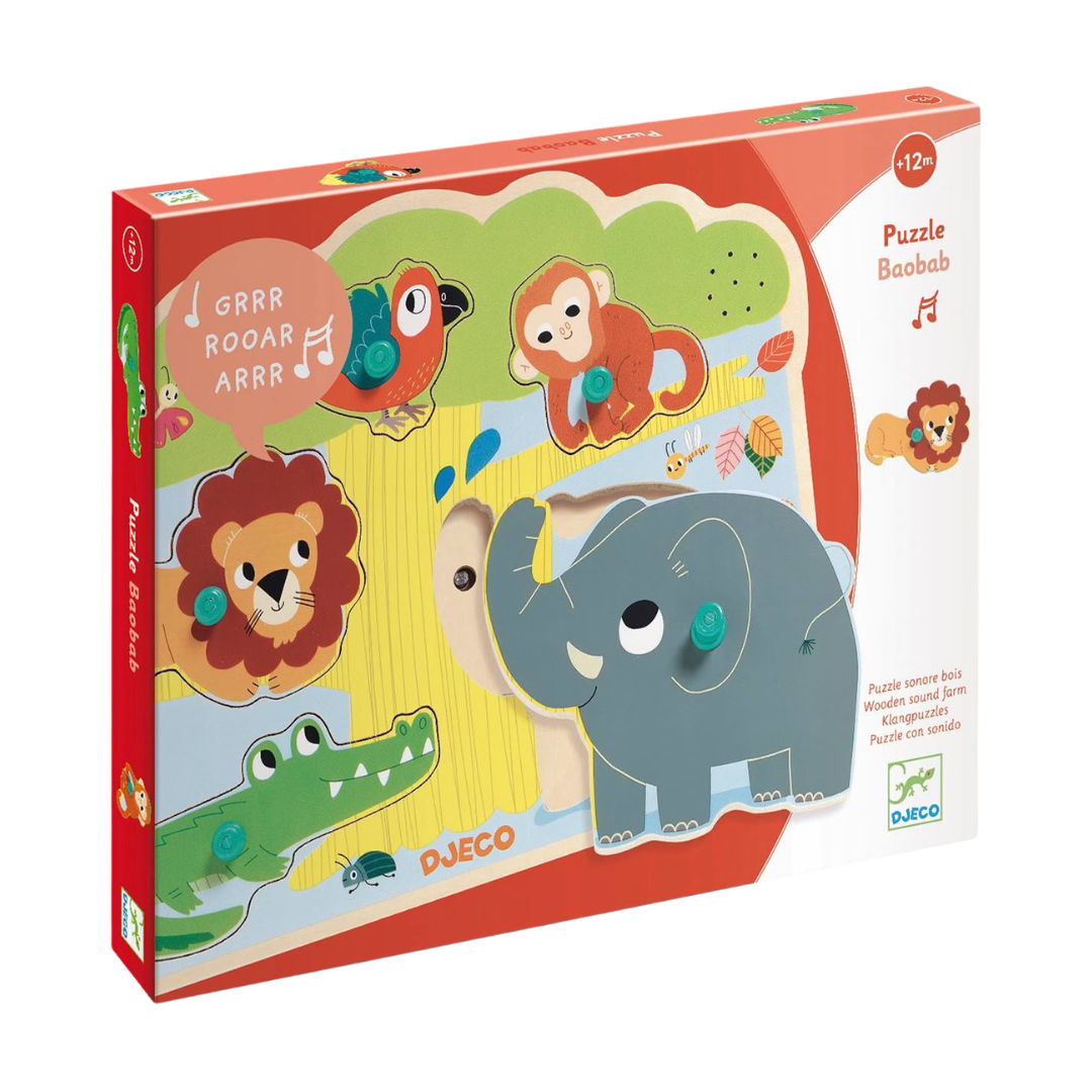 Djeco baobab - puzzle sonoro de madeira c/ animais + 12 meses