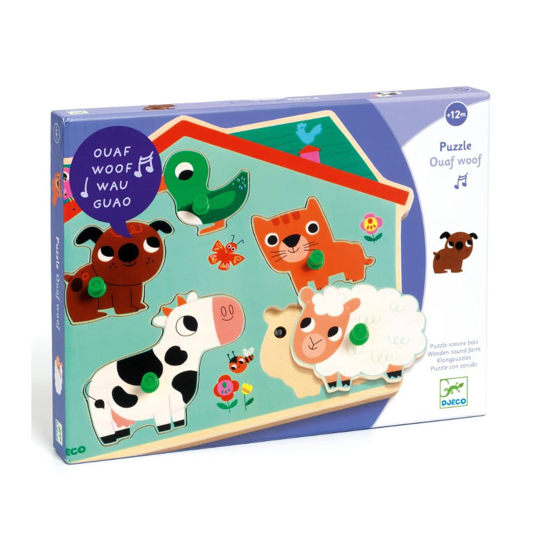 Djeco ouaf woof - puzzle sonoro de madeira c/ animais + 12 meses