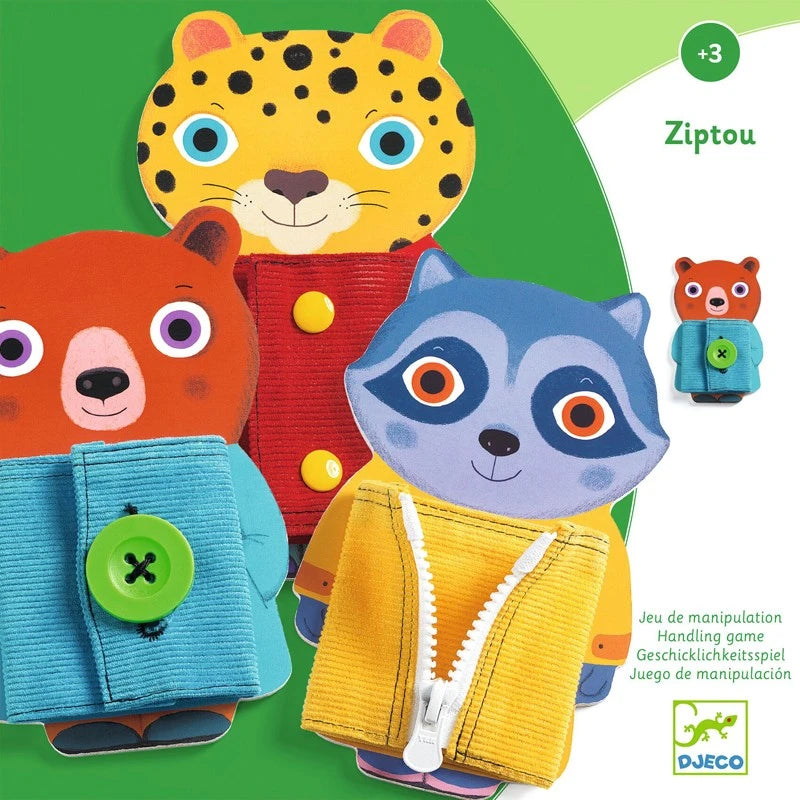 Djeco ziptou - jogo de abotoar e fechar roupa + 3 anos