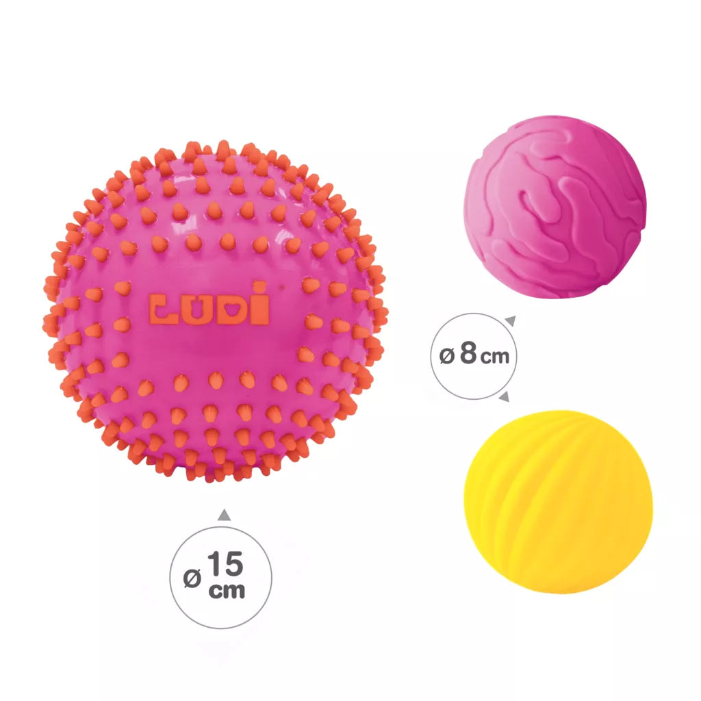 Ludi 3 bolas sensoriais rosa para bebé +6 meses